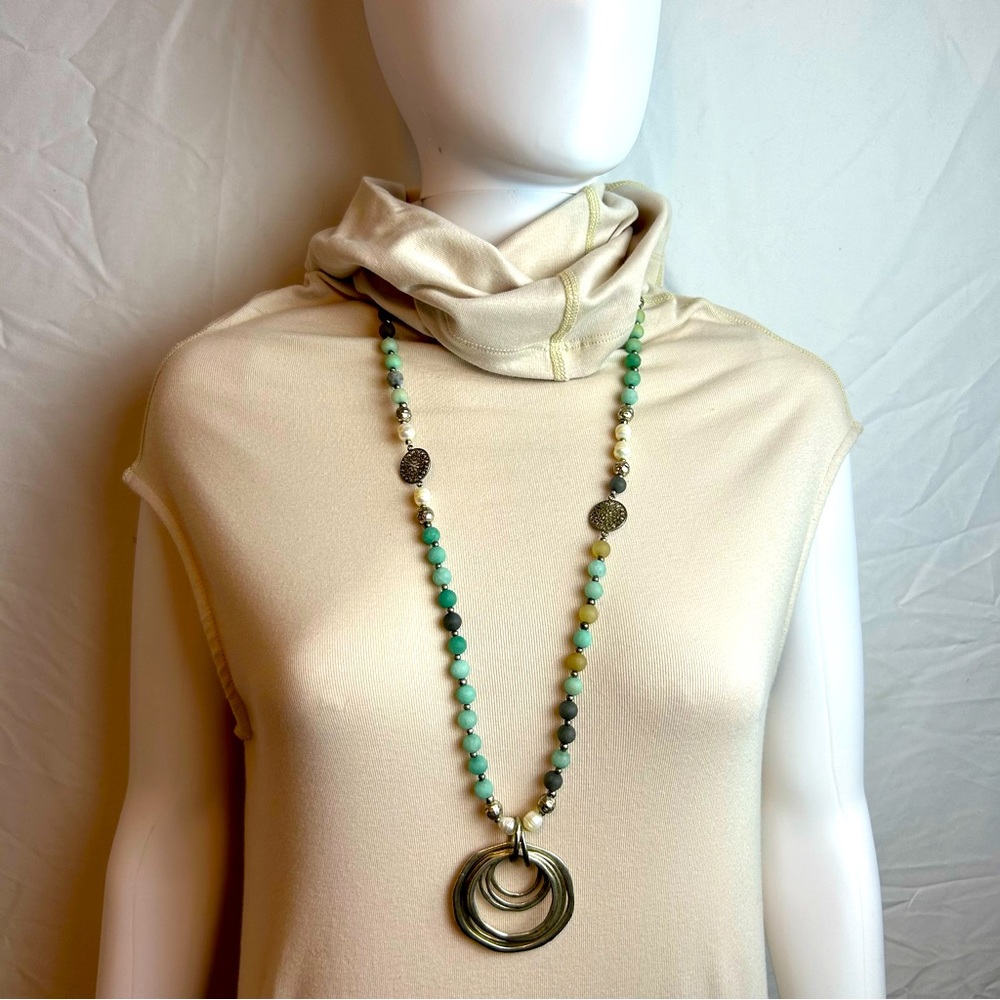Turquoise and Green beaded pendant necklace with silver accents.
